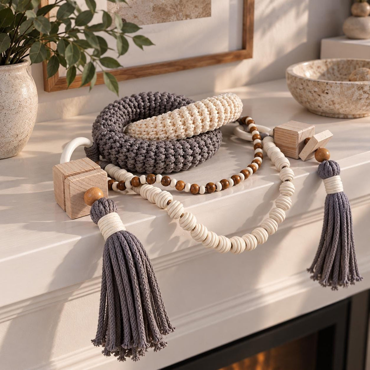 Handmade gray and cream decorative object with chunky woven rings and natural wooden beads