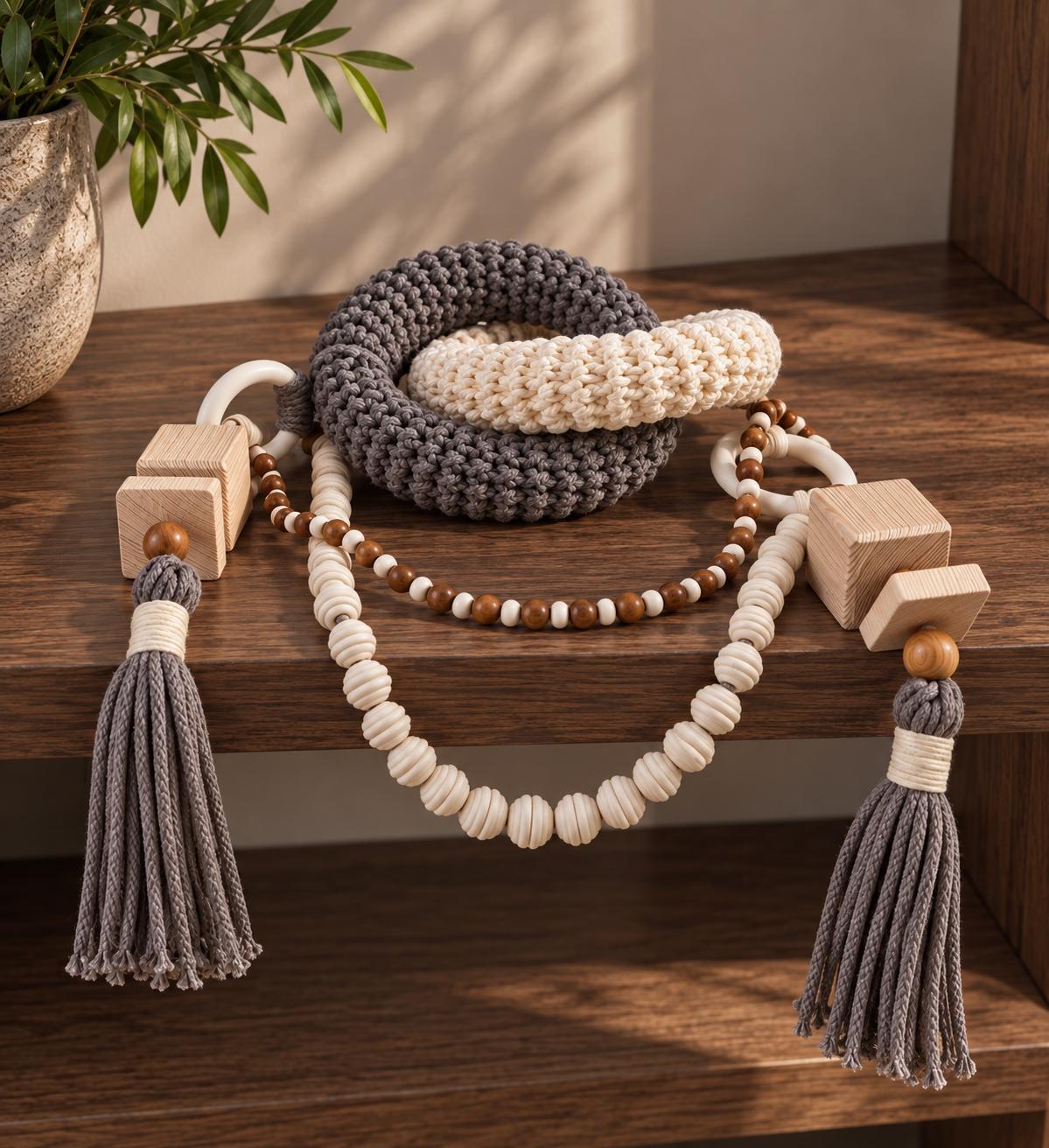 Gray and cream console table decor with wooden beads and tassels styled on dark wood furniture