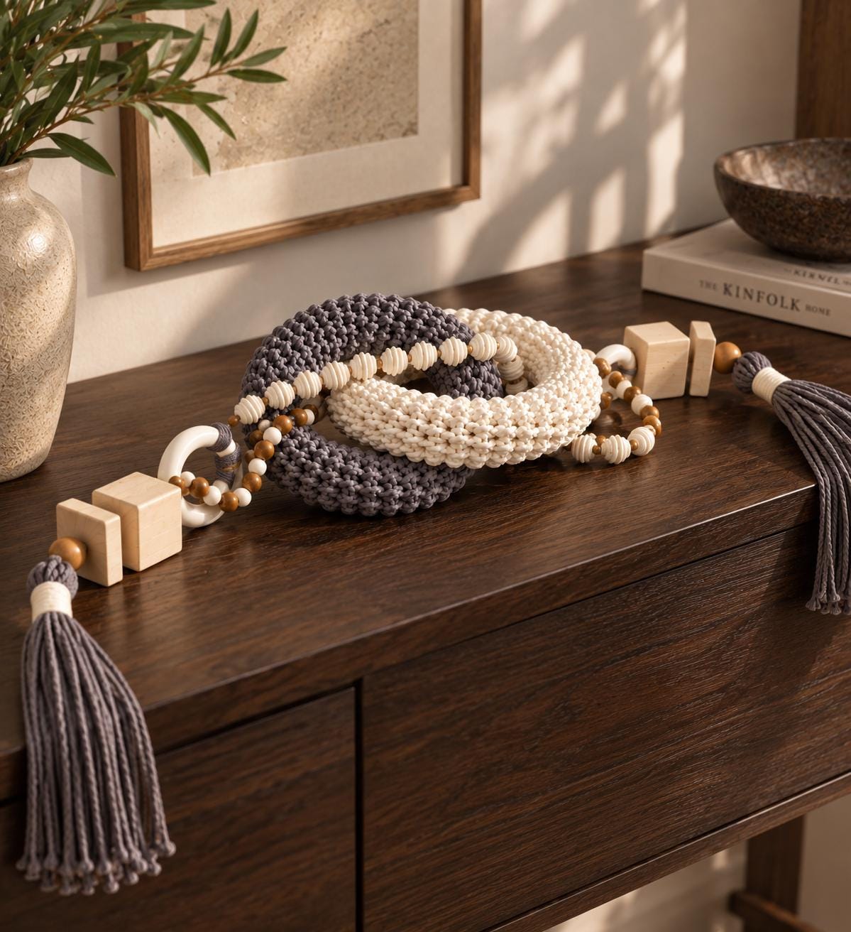Handmade shelf decor object styled on a dark wood console table in a modern interior