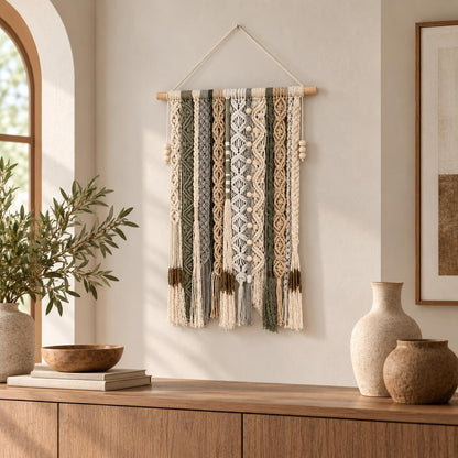 Handmade fiber wall art with intricate macrame knots, wooden beads and natural wood dowel