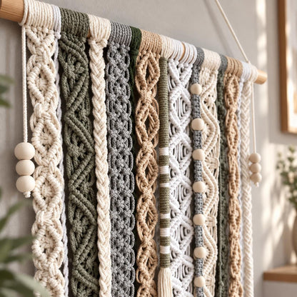 Neutral macrame wall art with layered woven patterns in sage green, cream, beige and gray