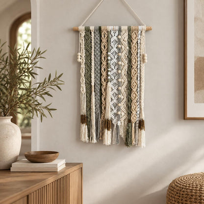 Handmade macrame wall hanging in sage green, beige, cream and gray with wooden bead details