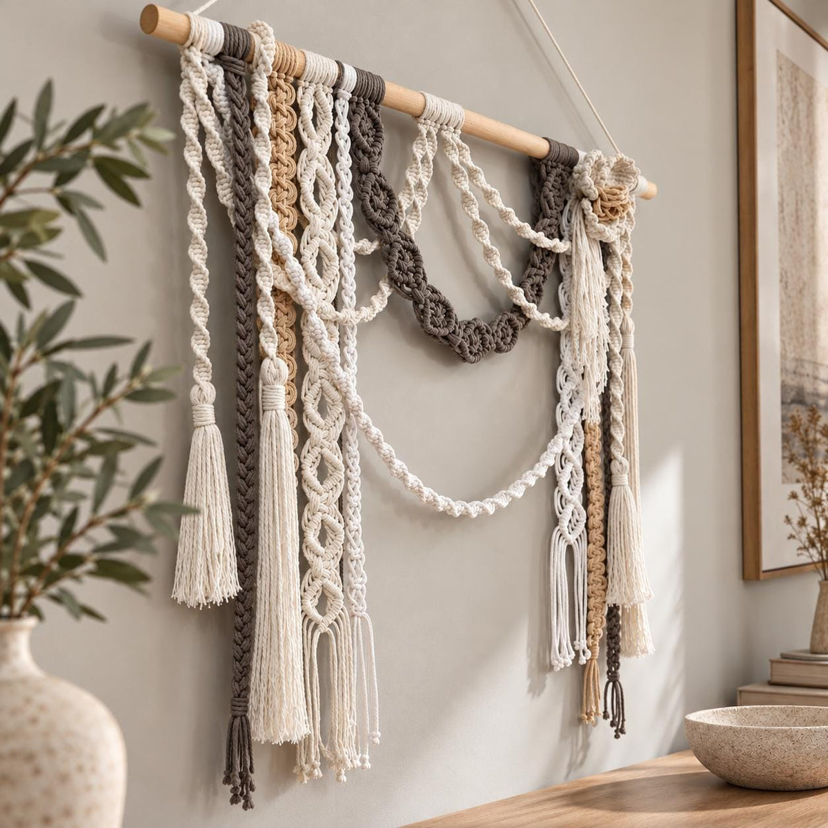 Handmade floral macrame wall decor suspended from a natural wooden dowel