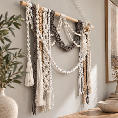 Handmade floral macrame wall decor suspended from a natural wooden dowel