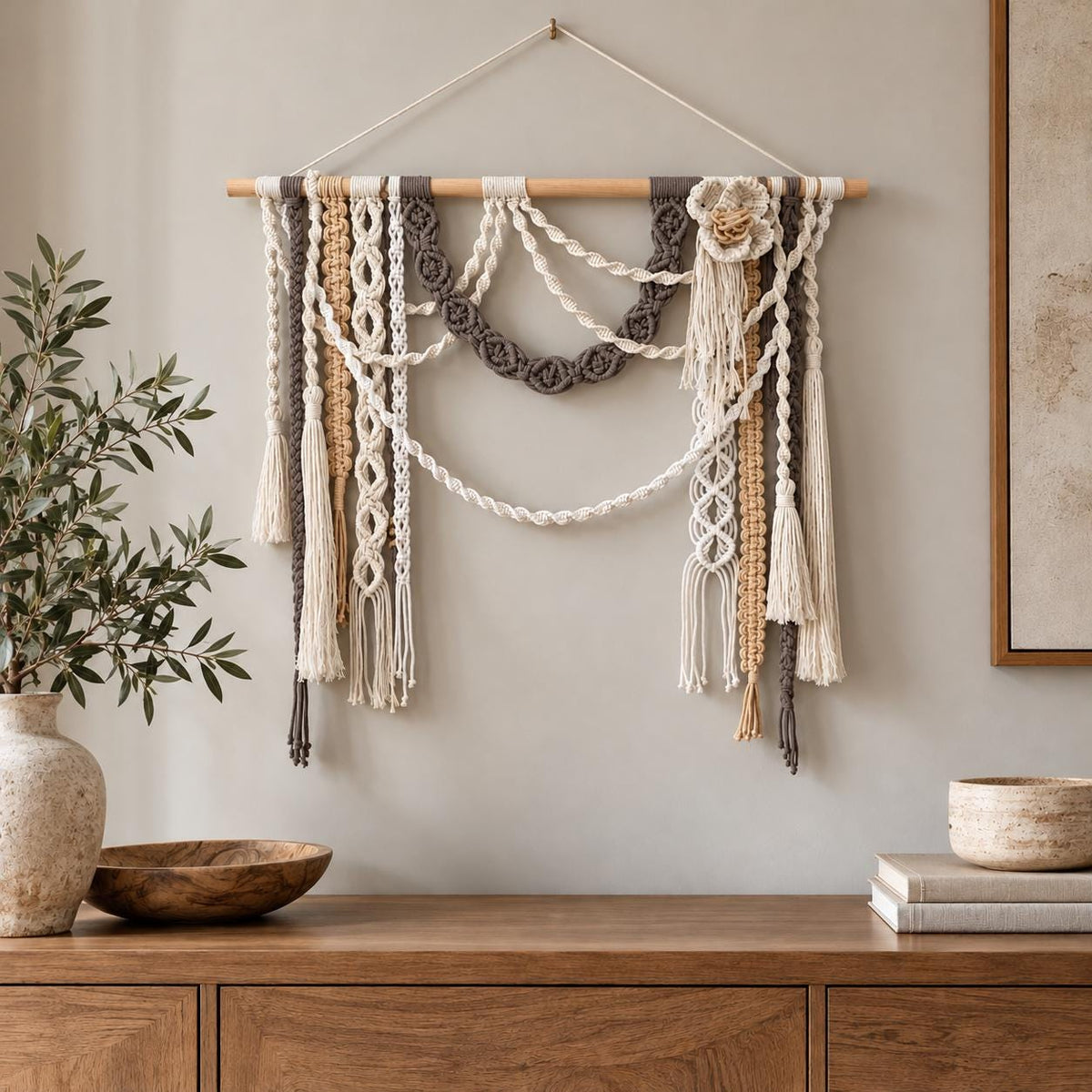 Neutral fiber wall hanging with layered braided cords and open center design