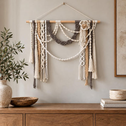 Neutral fiber wall hanging with layered braided cords and open center design