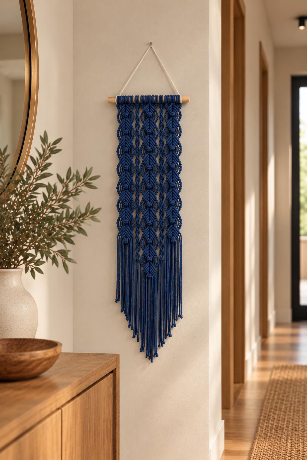 Deep blue sculptural fiber art with layered knotted cotton cords