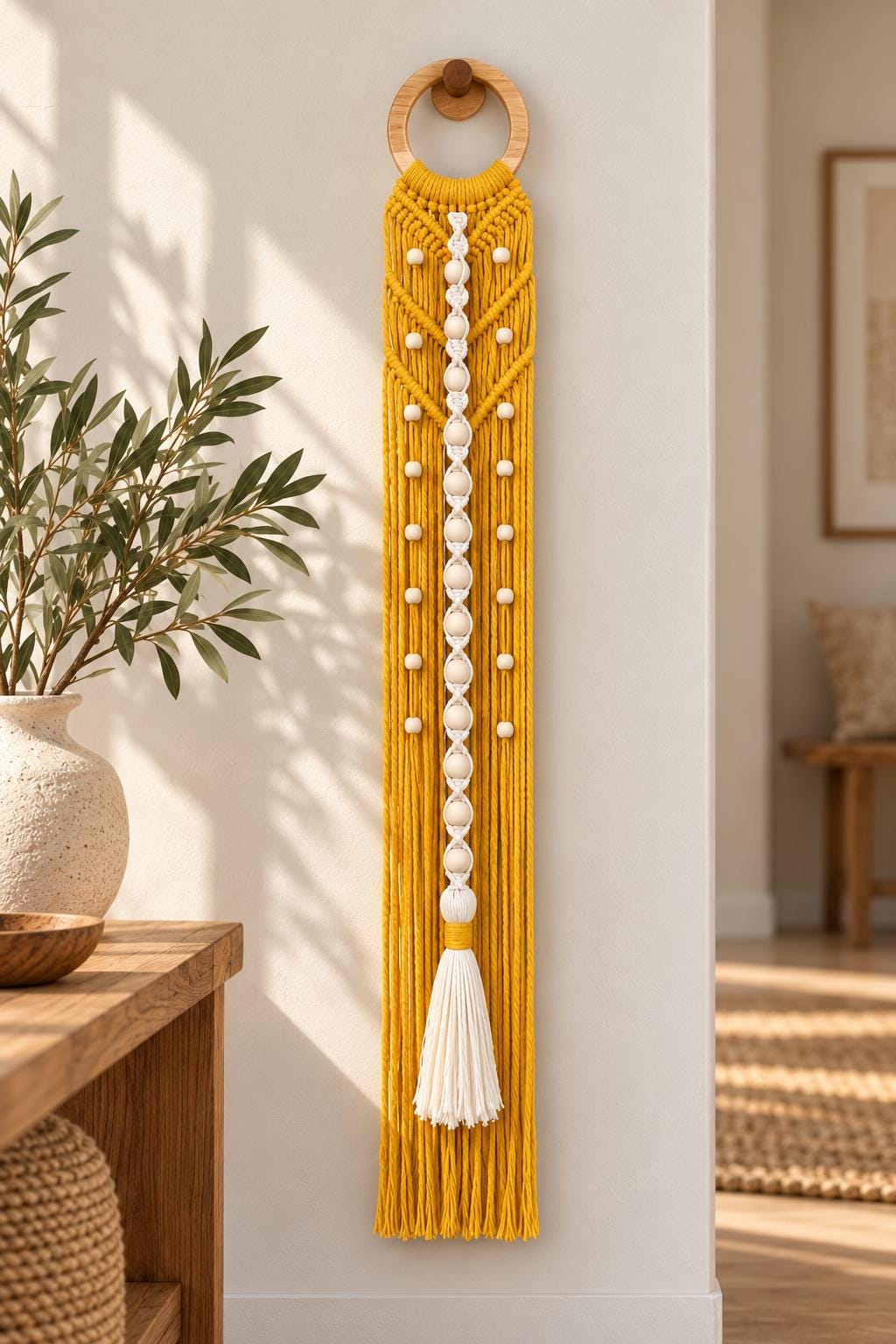 Yellow handmade macrame wall hanging with natural wooden beads and decorative ivory tassel