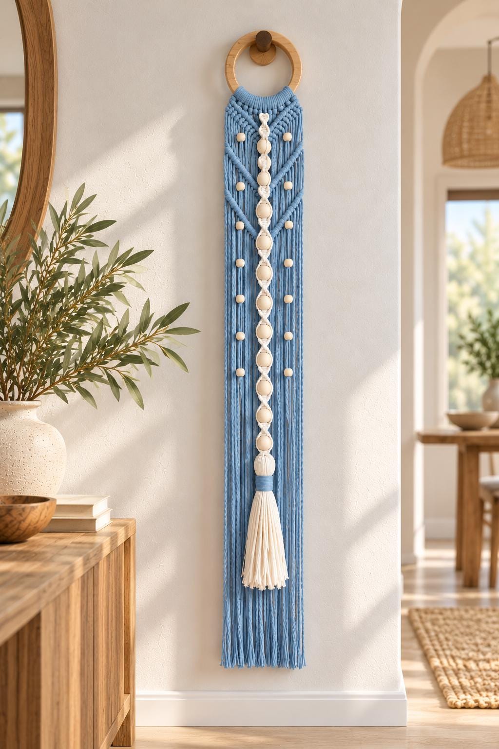 Light blue macrame wall decor with wooden beads and cream tassel in a Scandinavian interior