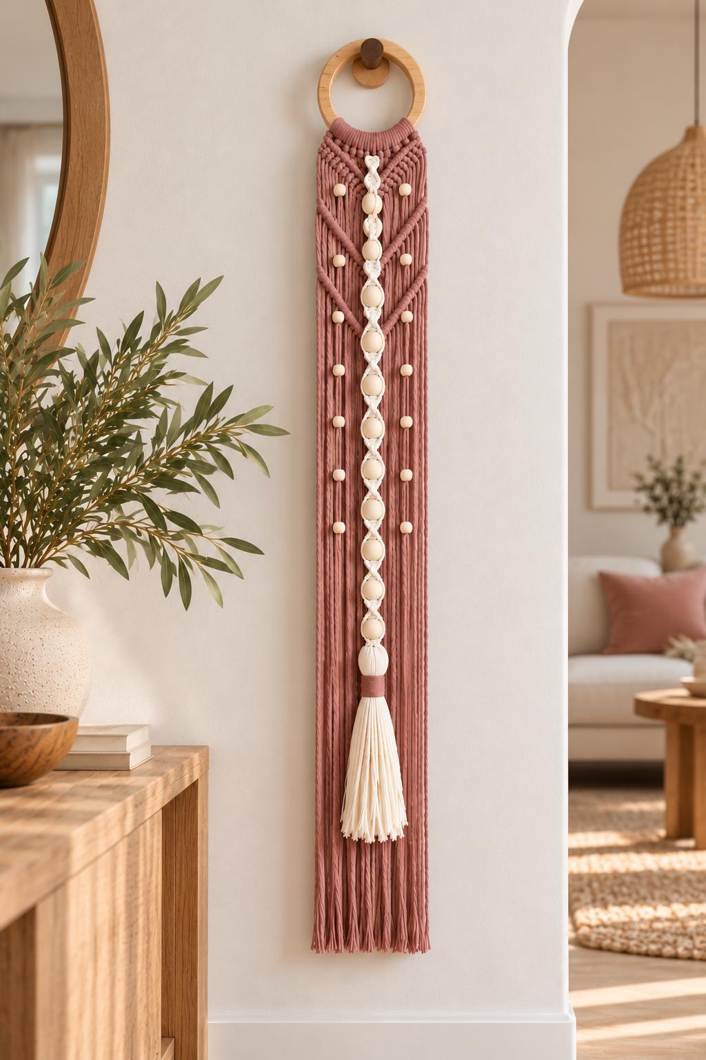 Dusty pink handmade macrame wall hanging with flowing cotton fringe and natural wood details