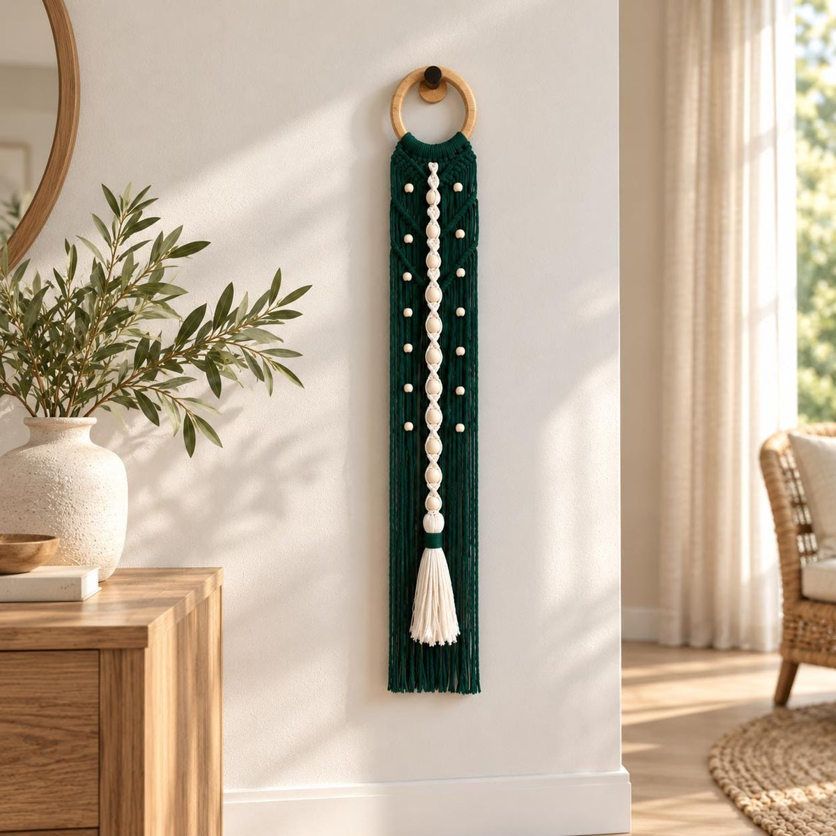 Handmade bottle green macrame wall hanging with wooden ring, natural beads and ivory tassel in a bright modern interior