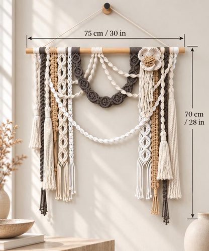 Open center macrame wall hanging with asymmetrical knots long tassels and dimensional flower