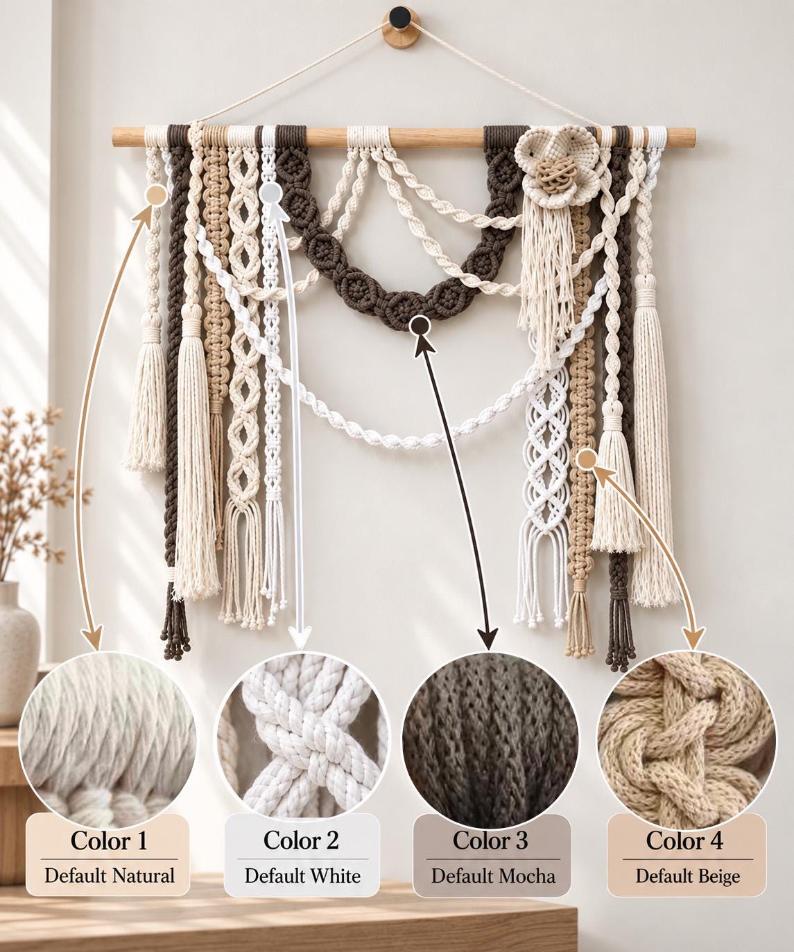 Sculptural fiber wall art featuring decorative braided garlands and textured macrame panels