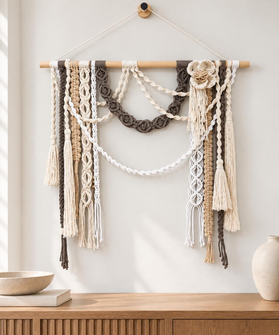Neutral macrame wall art displayed above a console in a warm modern interior