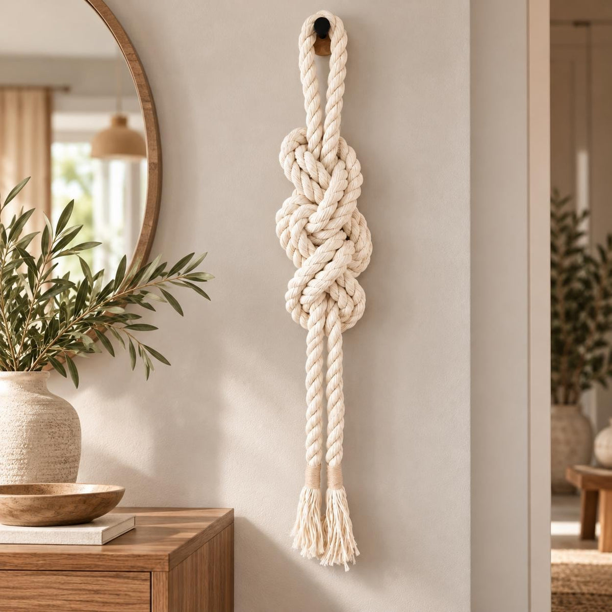 Handmade cream rope wall art displayed in a minimalist neutral home interior