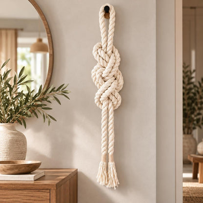 Handmade cream rope wall art displayed in a minimalist neutral home interior