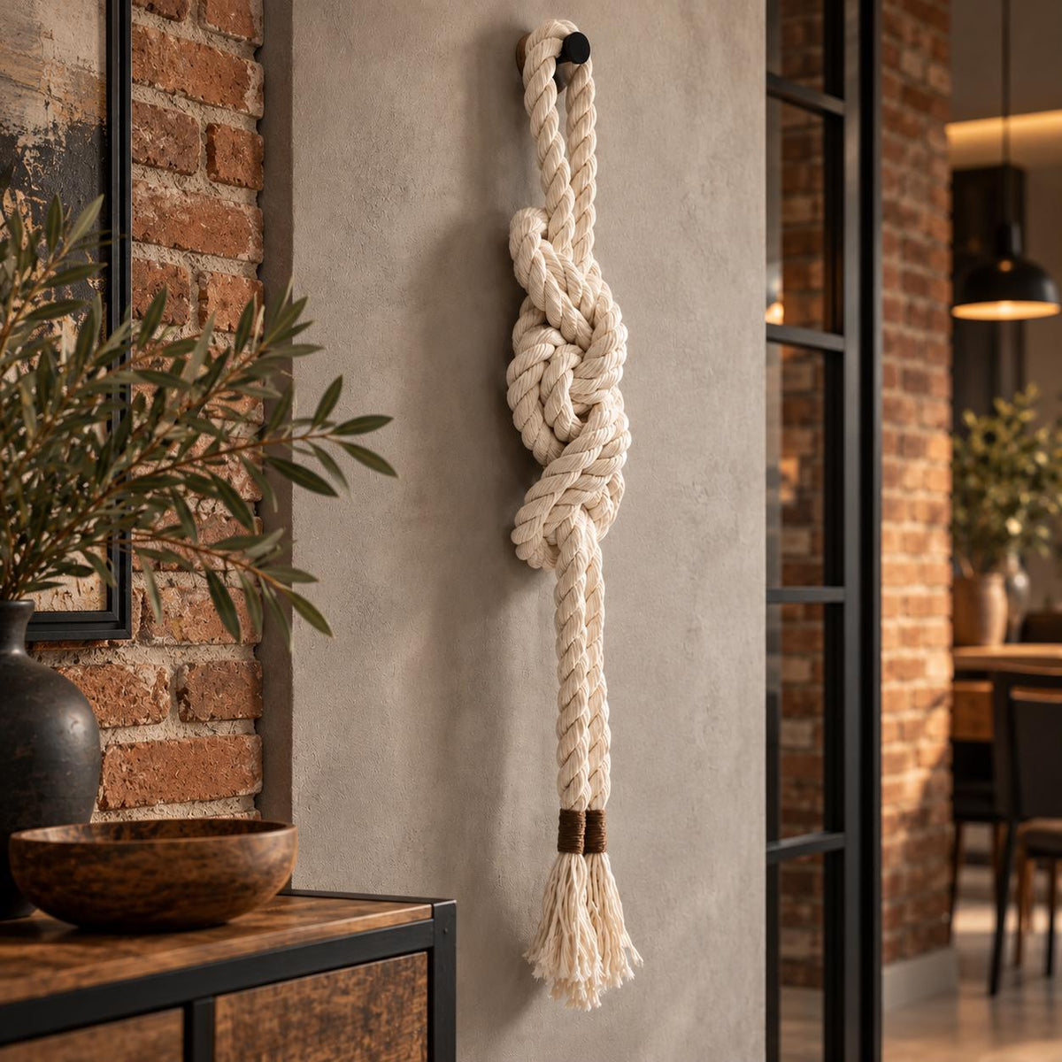Cream macrame knot wall hanging styled against a brick wall in a modern loft interior