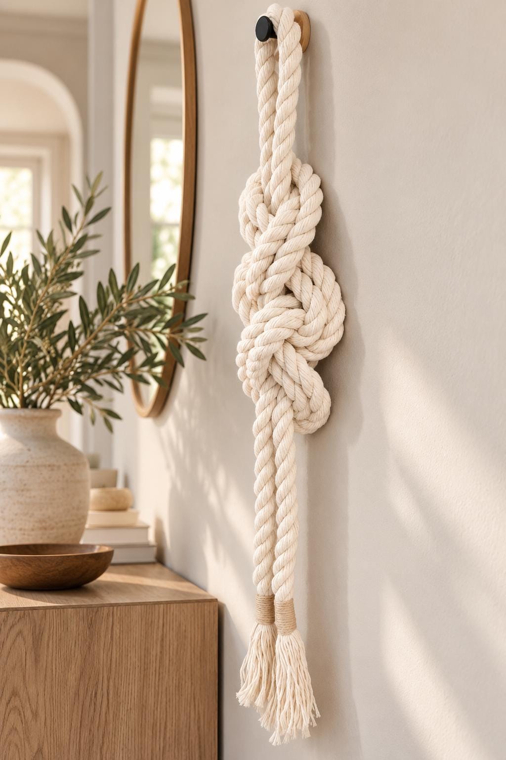 Neutral rope wall hanging displayed in a warm modern interior with natural wood decor