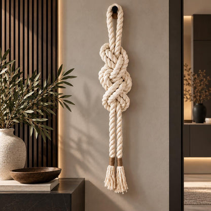 Sculptural cream macrame wall hanging displayed in a modern interior with dark wood accents