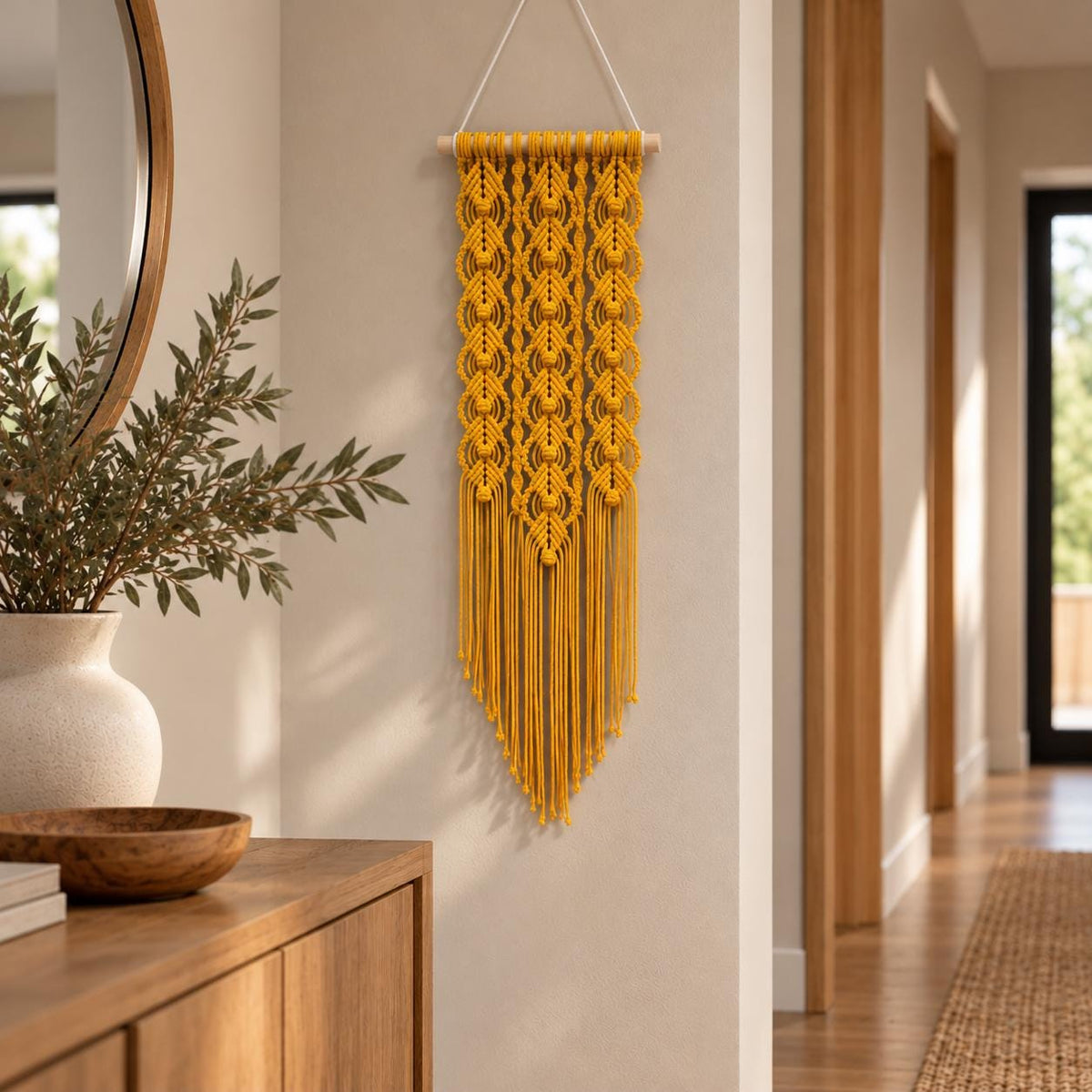 Handmade textile wall hanging styled above a wooden console table