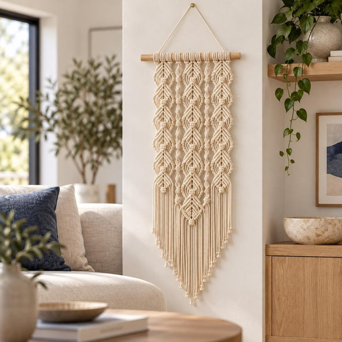 Textured wall art featuring repeating symmetrical knots and flowing fringe