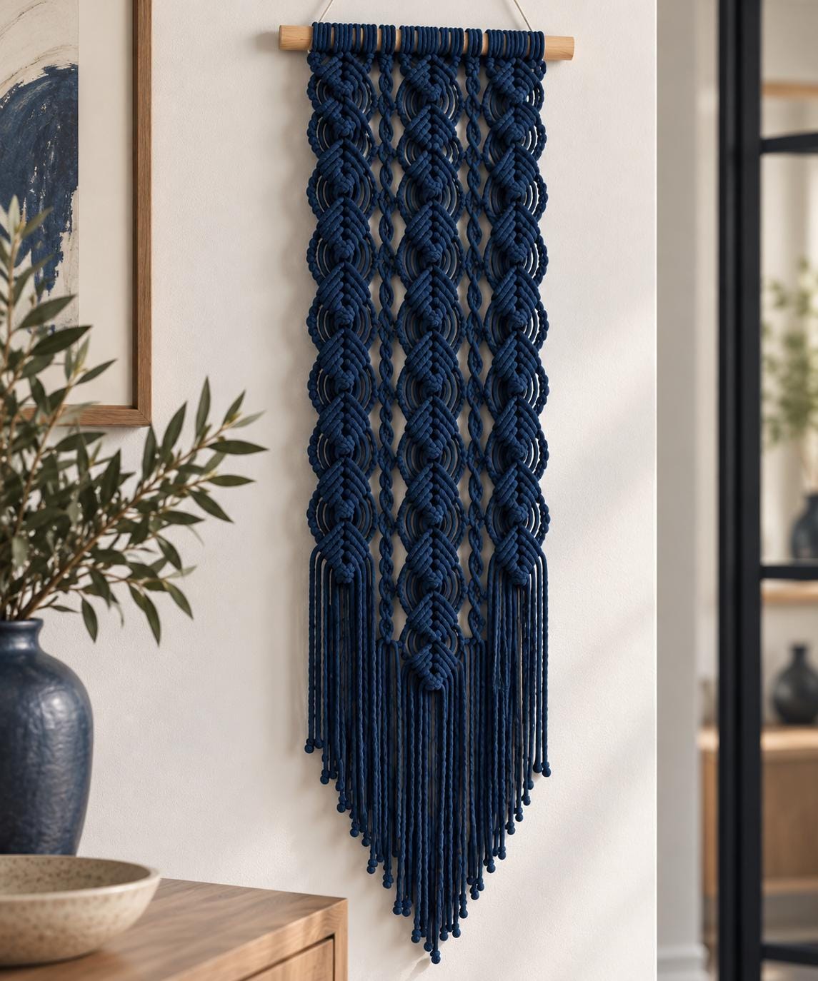 Navy blue macrame wall hanging with geometric diamond knots and long tapered fringe