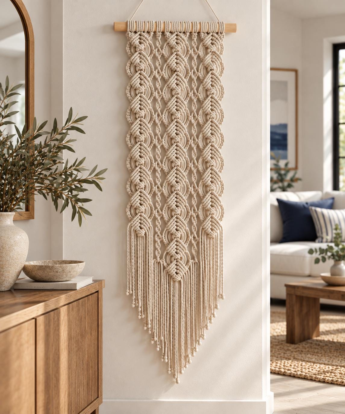 Decorative beige macrame wall art styled against a warm white wall