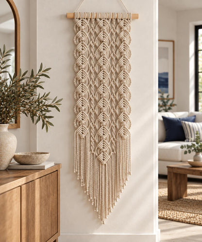 Decorative beige macrame wall art styled against a warm white wall