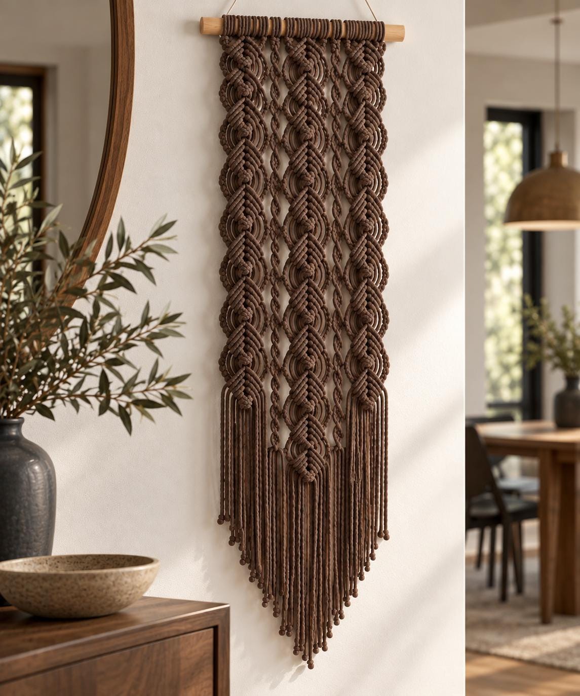 Modern fiber wall hanging with natural wooden rod and knotted panels