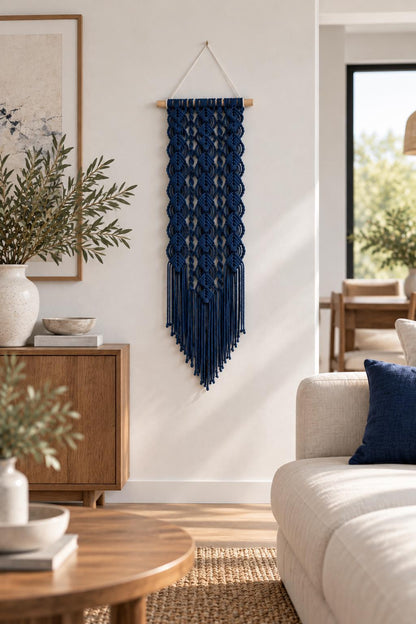 Handmade dark blue macrame wall art displayed in a modern neutral living room