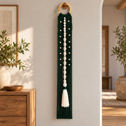 Macrame Wall Hanging, Vertical Fiber Wall Art, Boho Wall Decor with Wooden Beads, Handmade Cotton Tapestry
