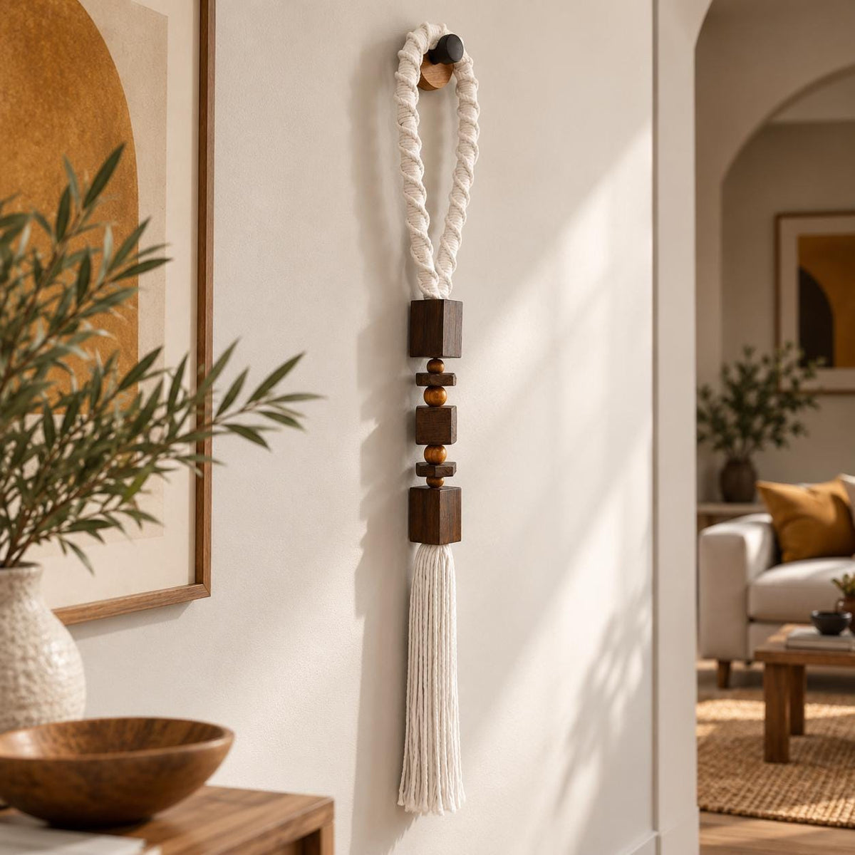 Handmade macrame wall hanging with dark wood beads and white cotton tassel