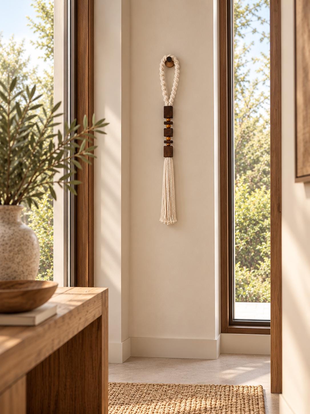 Long white tassel wall hanging with dark wooden beads on a narrow wall