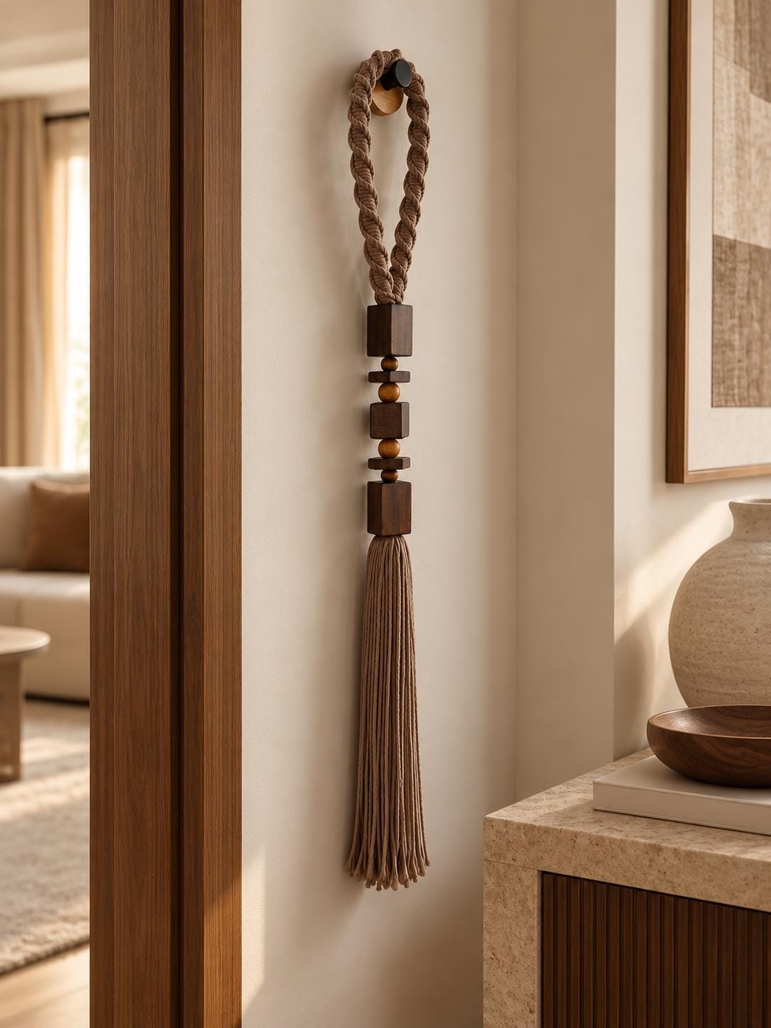 Mocha macrame wall hanging with dark wood beads in warm modern interior