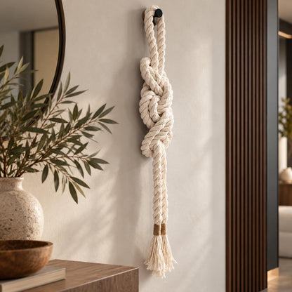 Handmade macrame wall hanging with thick natural cream cotton rope and sculptural knots