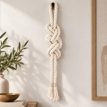 Cream rope knot wall hanging styled in a neutral Scandinavian interior