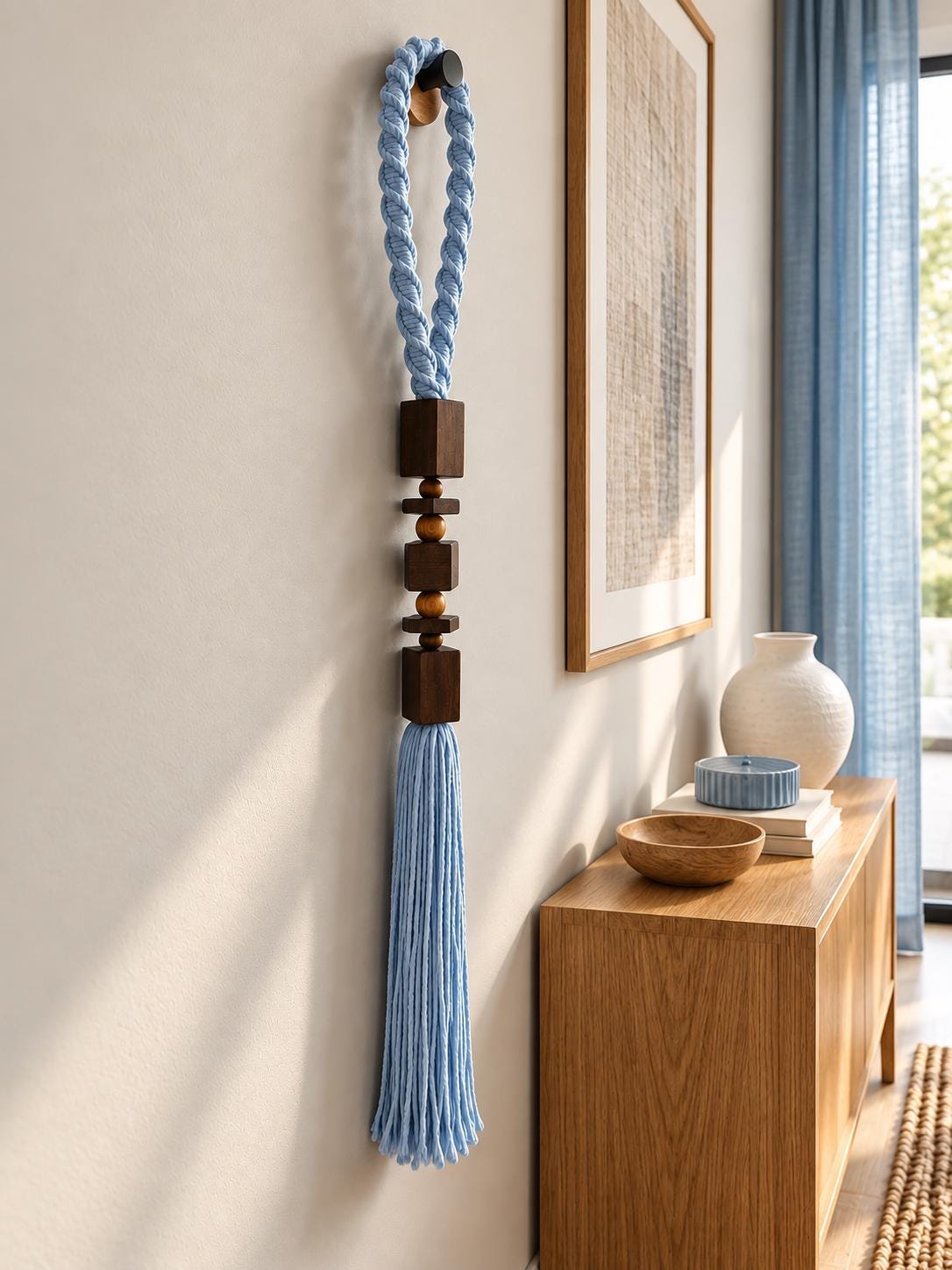 Light blue macrame wall hanging with wooden beads styled beside a window