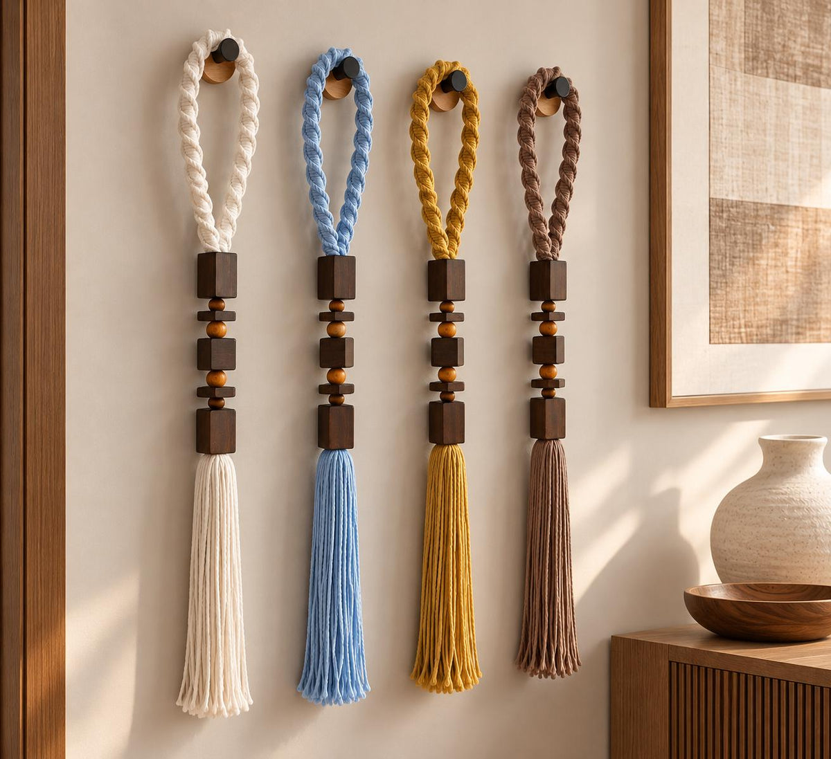 Colorful macrame wall hangings with wood beads and long tassels in modern interior