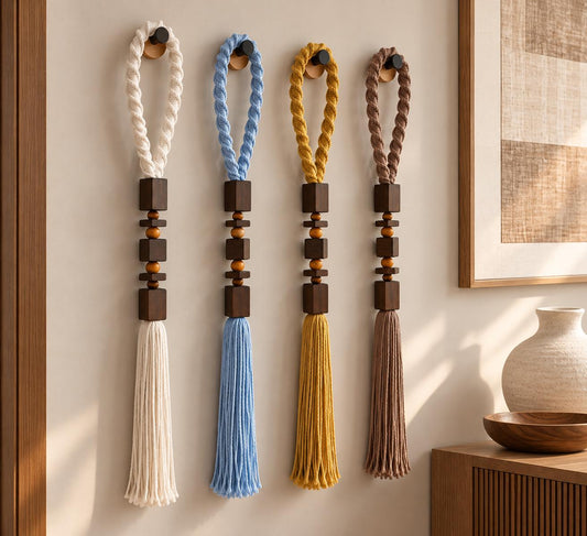 Colorful macrame wall hangings with wood beads and long tassels in modern interior