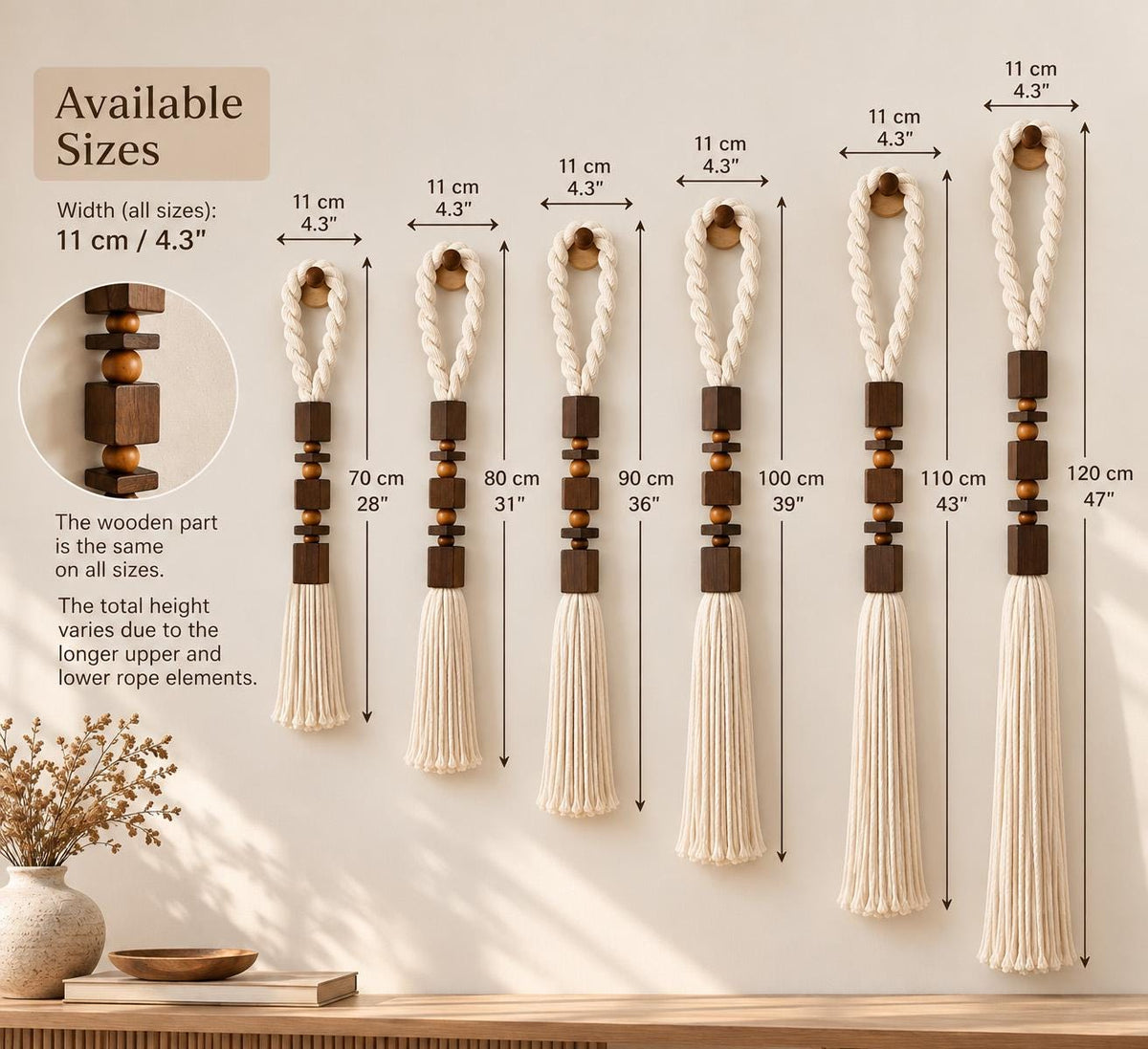 Macrame wall hanging size guide showing available heights from 70 to 120 cm