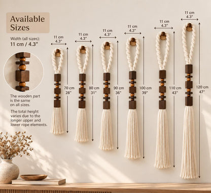 Macrame wall hanging size guide showing available heights from 70 to 120 cm