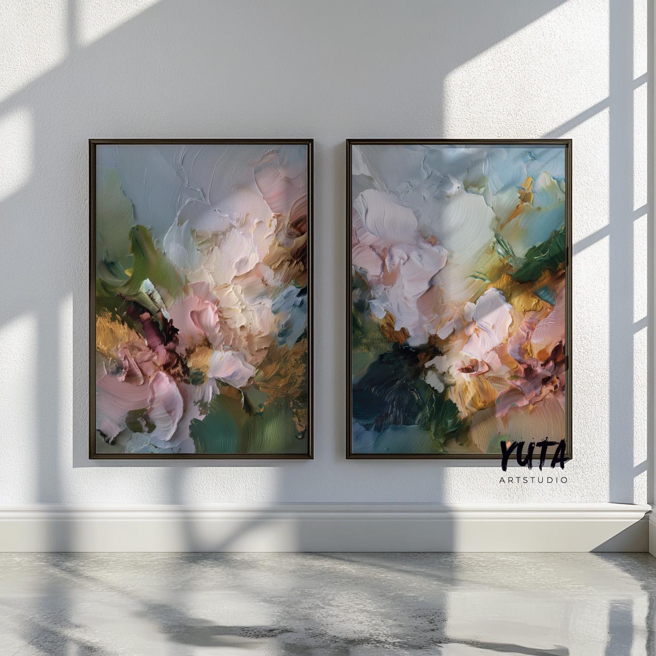 Impressionist floral wall art set featuring loose painterly flowers and elegant pastel botanical composition