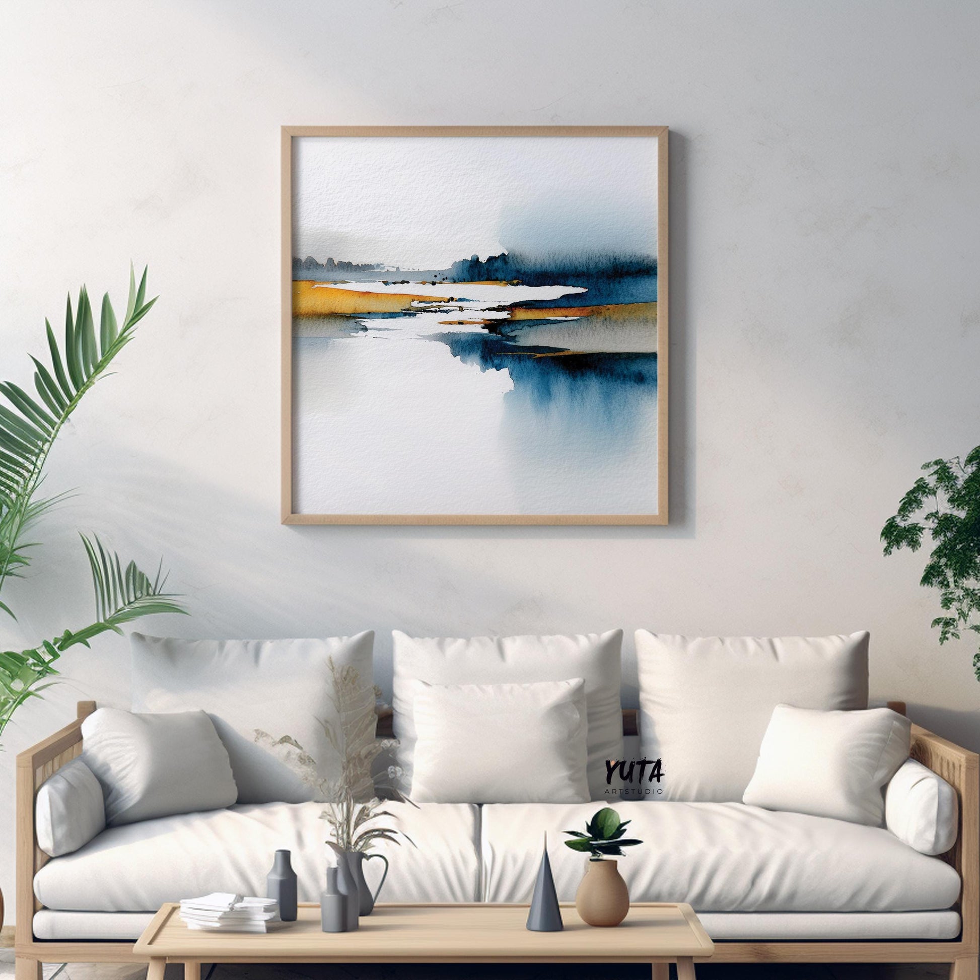 Abstract nature-inspired painting in blue and mustard yellow, minimalist home decor.Blue and yellow abstract landscape print, modern wall art for living room.