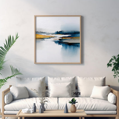 Abstract nature-inspired painting in blue and mustard yellow, minimalist home decor.Blue and yellow abstract landscape print, modern wall art for living room.