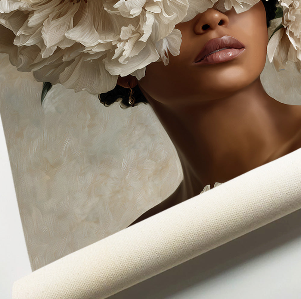 Ivory flower woman portrait featuring oversized cream peony-style flowers and warm neutral tones