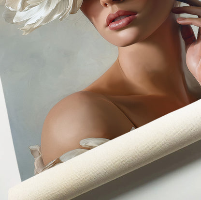 Ivory flower woman wall art featuring an elegant female portrait with oversized floral details