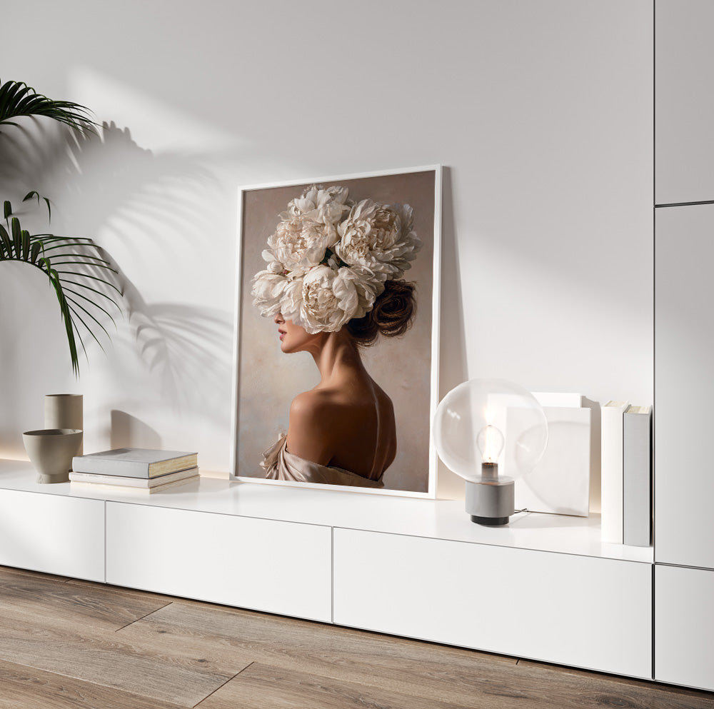 Ivory flower woman wall art featuring oversized blooms covering the eyes of a feminine profile