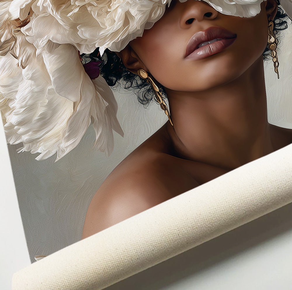 Ivory flower woman wall art featuring a feminine portrait with dramatic cream flowers and neutral tones