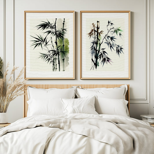 Japanese bamboo wall art set of 2 inspired by ink wash painting