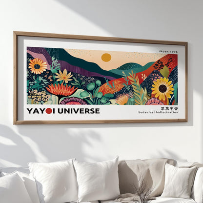 Framed colorful botanical landscape print with modern floral design hung above a white sofa